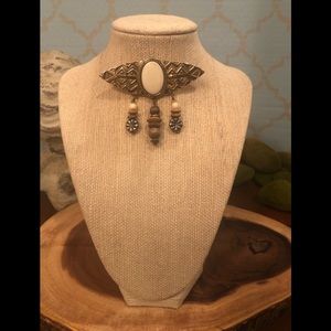 Gold Tribal looking Pin w/Cream Stone & Wood/Silver/White Hanging Beads